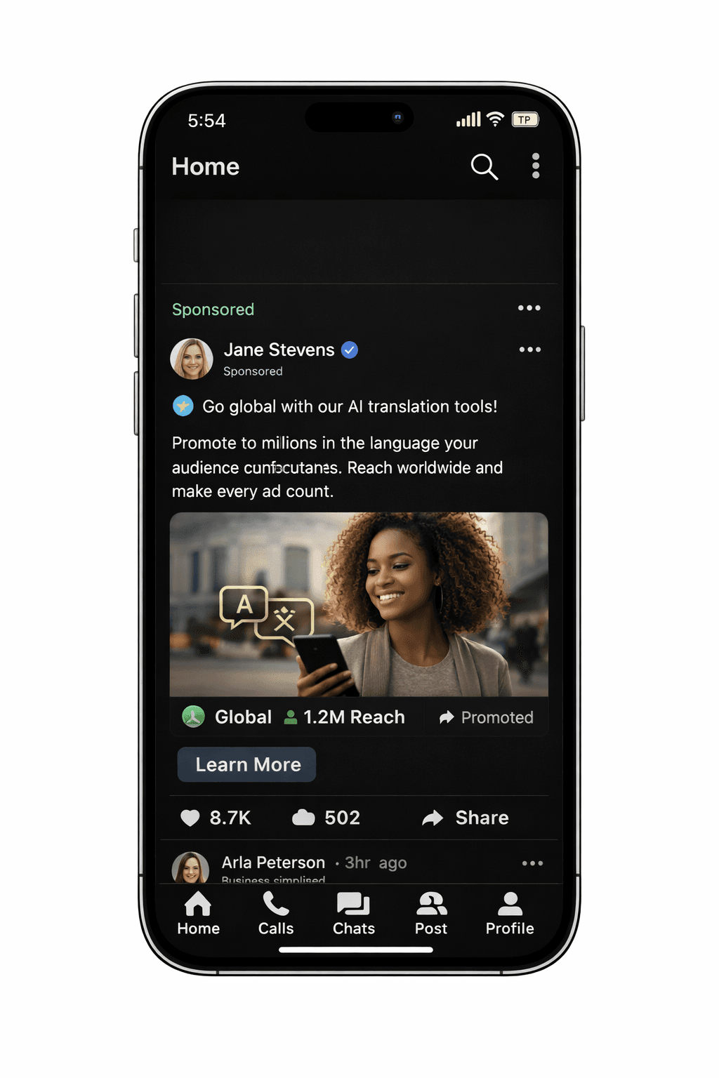 Sponsored post displayed on 6chatting with verified account and global reach indicators