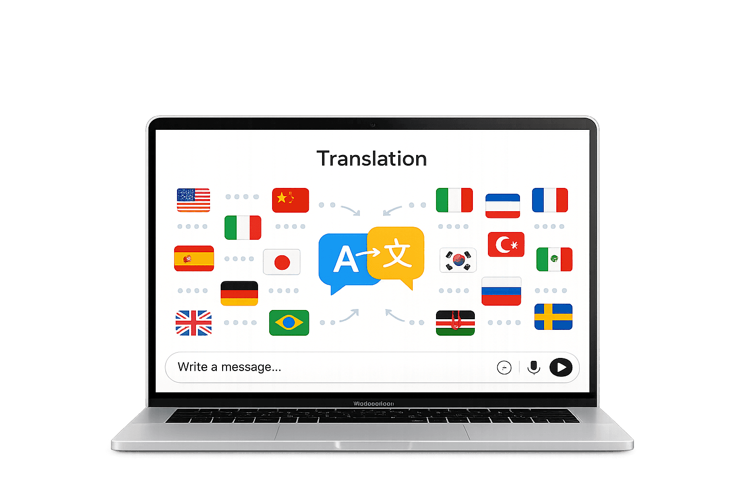 Global language support illustration with flags and translation icon