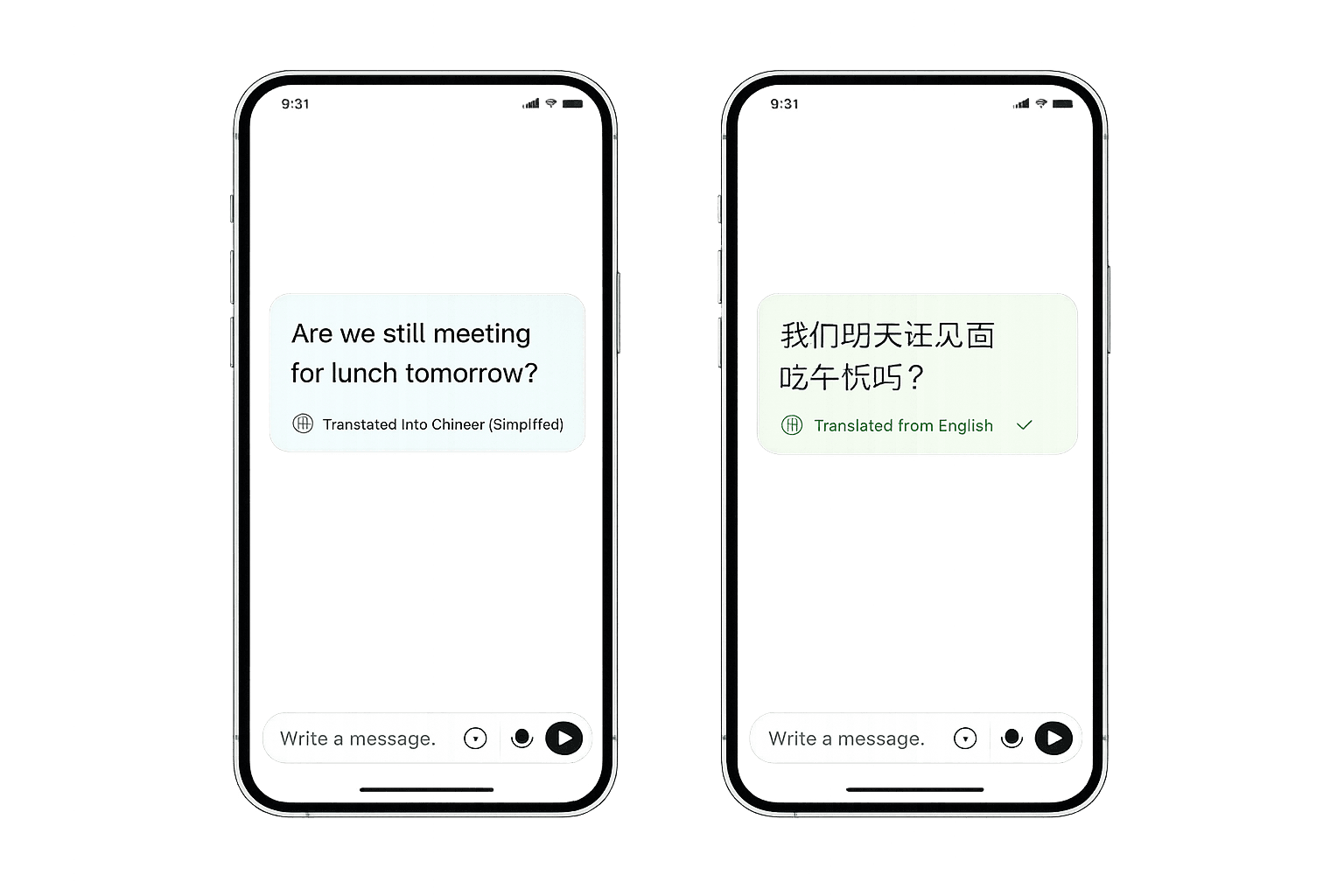 Two phones showing text translated from English to Chinese